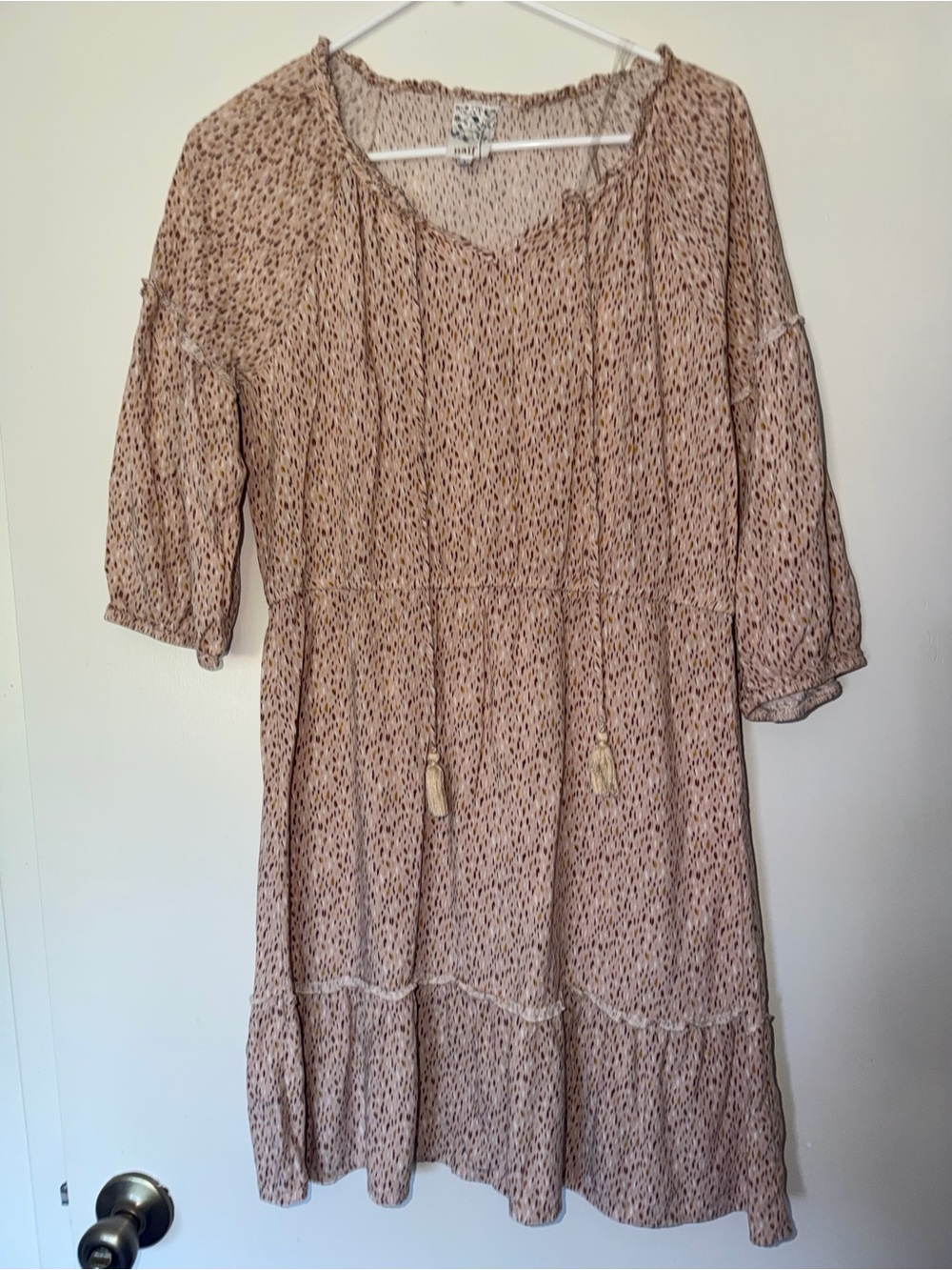 Naïf Size L Boho Tiered Peasant Dress Tassel Tie Blush Brown Cottagecore - Picture 2 of 5